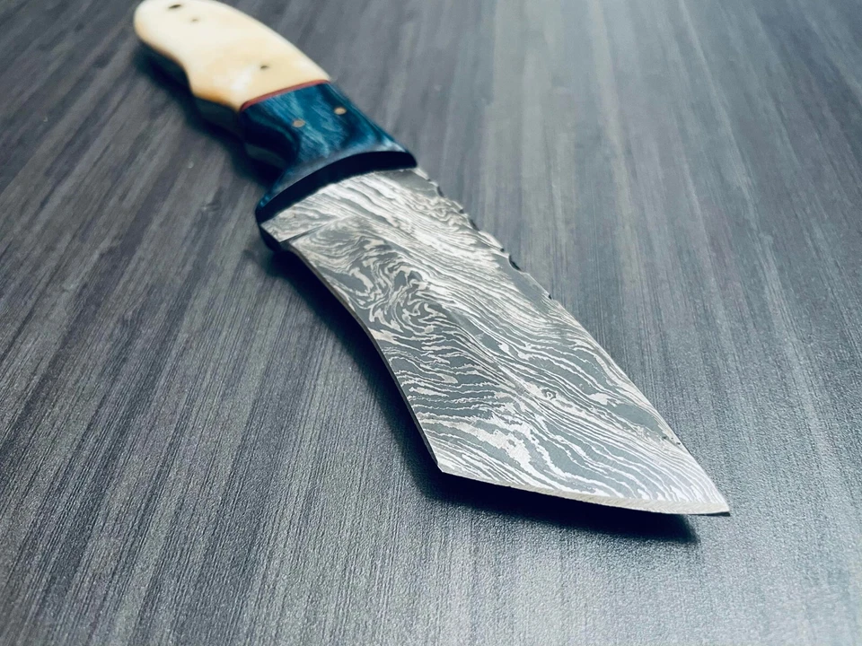 Custom Damascus Steel Tanto Tip with White Bone Handle - Made In The USA - Image 1 of 1