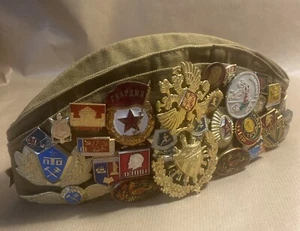 Vintage Russian Military Flat Cap Filled With Cap Badges, Pin & Cloth Badges - Picture 1 of 22
