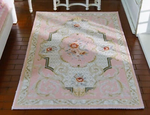 8" Beautiful Chic Frenach Swirls Pastel Pink Floral 1/12 Dollhouse Miniature Rug - Picture 1 of 6