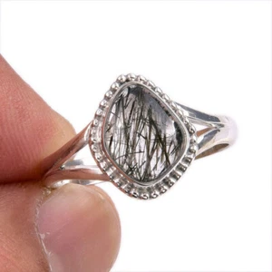 Natural Black Rutile Gemstone 925 Solid Sterling Silver Jewelry Ring Size 9 - Picture 1 of 3