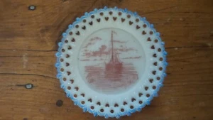 Antique Small Milkglass Plate SAILBOAT, Lacey Border, 5-1/2" - Picture 1 of 3