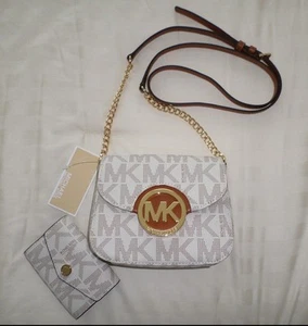 NWT Michael Kors FULTON Small Crossbody & Coin Purse Set MK Sig Logo PVC Vanilla - Picture 1 of 11