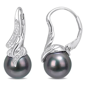 Amour Sterling Silver Tahitian Pearl and Diamond Accent Earrings - Picture 1 of 5