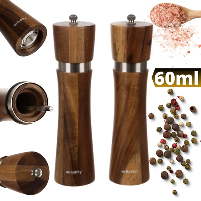 2x Gewürzmühlen mit Keramikmahlwerk Salzmühle Handmühle Pfeffermühle Braun Holz - Bild 1 von 4