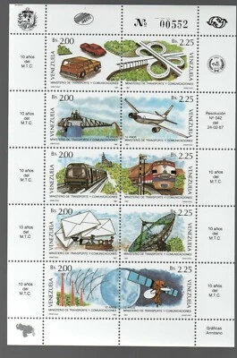 Venezuela: 1987; Scott 1392 juego completo, hoja 10 transporte, MNH, EBV1632 Foto 1 de 2