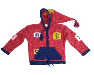 RED KNITTED LETTERS & NUMBERS ECUADOR MADE HOODED ZIP CARDIGAN SWEATER, YOUTH 8 - Picture 1 of 3