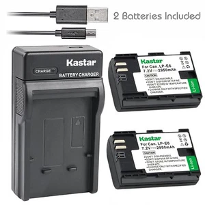 Kastar 2 Battery & Slim USB Charger for Canon LP-E6 LP-E6N LPE6 LPE6N LC-E6 - Picture 1 of 4