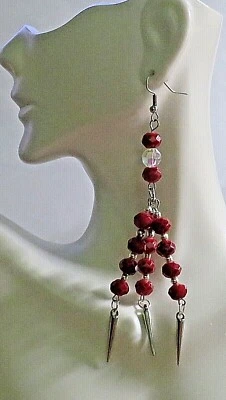 Pendientes colgantes góticos punk tres espigas garra roja sangre 4" gota gancho plata Foto 1 de 2