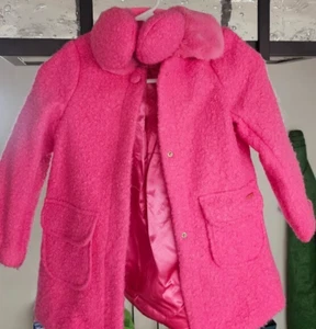 Pretty girls pink bouclé coat with fur collar and earmuff size 6 - Picture 1 of 9