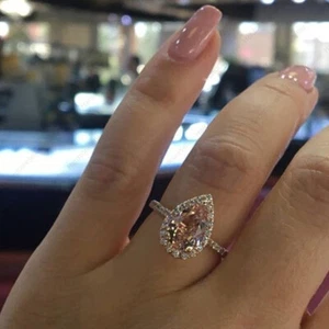 3.20 Ct Pear Cut Morganite Wedding Engagement Ring In 14K Rose Gold - Picture 1 of 11