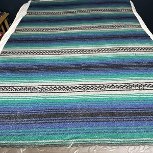 Vintage Mexican Style Blanket Throw Black Blue Green Striped With Fringe 50x76 - Picture 1 of 10
