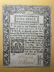 1780 Connecticut Kolonialnote Neun Pence Schein - Hartford 1. Juni Währung - Bild 1 von 2