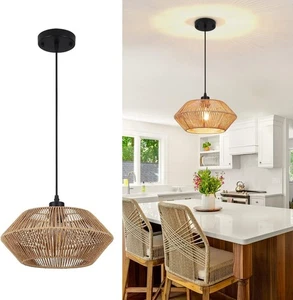 Boho Rattan Pendant Light Fitting, 1 Light Wicker Chandeliers Ceiling Lights - Picture 1 of 9