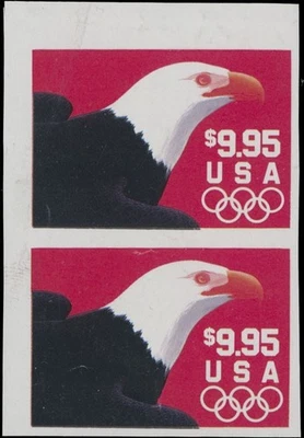 1991 USA WHITE HEADED EAGLE $9.95 VERT IMPERF PAIR, BLACK OMITTED NH SC#2541 imp - Image 1 of 2