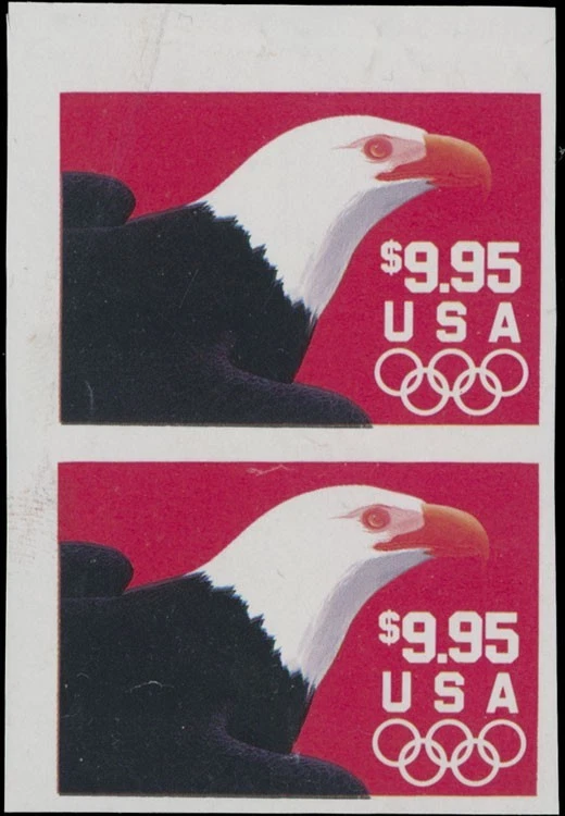 1991 EE. UU. Águila Cabeza Blanca $9,95 Vert Imperf Par, Negro Omitido NH SC#2541 Imp Foto 1 de 2