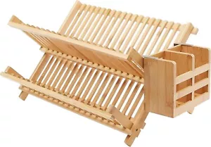 Bamboo Dish Drying Rack, 2-Tier Folding Collapsible Drainer w/Utensil Holder-NIB - Picture 1 of 8