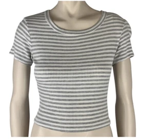 LA HEARTS GRAY WHITE STRIPED CROPPED SHIRT TOP, CAP SLEEVES, STRETCHY SMALL GREY - Picture 1 of 5