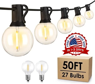 Luces Exterior 50FT G40 Bombillas LED Impermeables Patio Jardín 27 Bombillas NEW - Image 1 of 4