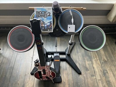 Nintendo Wii Rock Band 2 Bundle Guitar Drums Pedal Mic Dongle TESTED WORKS - Image 1 of 4