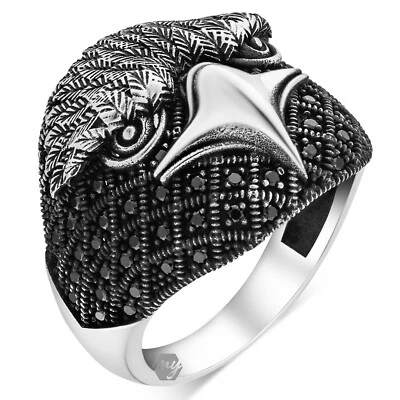 Anillo de águila de micro piedra negra de plata de ley 925 para hombre Foto 1 de 4