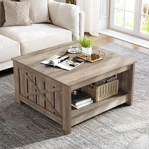 Farmhouse Square Coffee Table with Open Storage Compartment Wood Cocktail Table - Picture 1 of 30