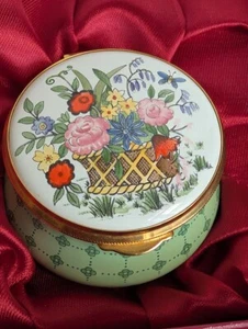 Vintage Staffordshire Enamels Bilston Battersea Box with Basket of Flowers - Picture 1 of 11