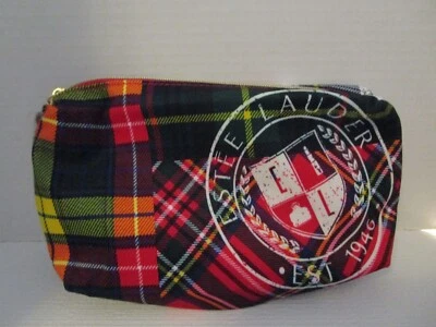 "Bolsa de maquillaje cosmético Estee Lauder roja a cuadros tartán 10x6x2"" materiales reciclados" Foto 1 de 4