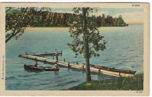 VTG Postcard - Lake with Dock and People in a Canoe, Unknown Location - Picture 1 of 2