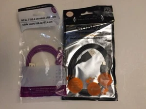 2 Micro USB Replacement Cell Phone Sync & Charge Cord Cables Black & Purple New - Picture 1 of 2