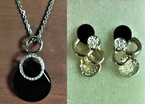 Black Disc, Clear Rhinestone & Gold Tone Jewelry Set, PE & NK, 22" Gold Chain - Picture 1 of 5