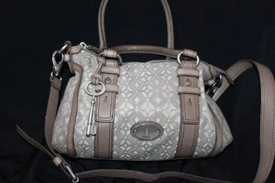 Fossil Maddox Tan Silver Leather Trim Satchel with Crossbody Strap Purse Bag - Image 1 of 4