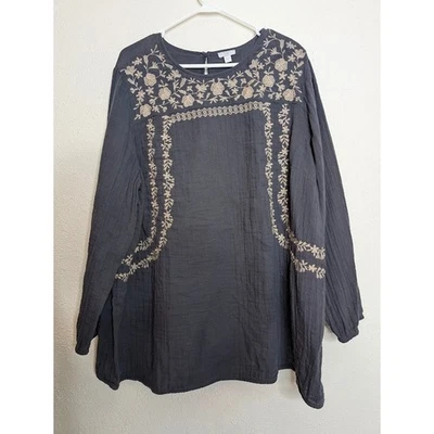 Top túnica mujer Jill bordado algodón gasa manga larga 2X floral gris Foto 1 de 4