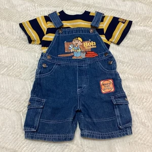 Vintage Rare Unique BOB THE BUILDER Denim Overall Shorts & Tee Boys 2T Outfit - Picture 1 of 11