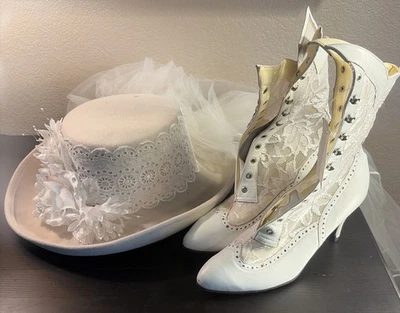 Vintage Victorian Lace Bridal Boots With Hat No Laces Included Size 7.5 Read - Image 1 of 4