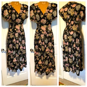 VESTIDO DE COLECCIÓN ALL THAT JAZZ NEGRO FLORAL CON HOMBRERAS RETRO ESTILO AÑOS 40 TALLA 7/8 - Imagen 1 de 12