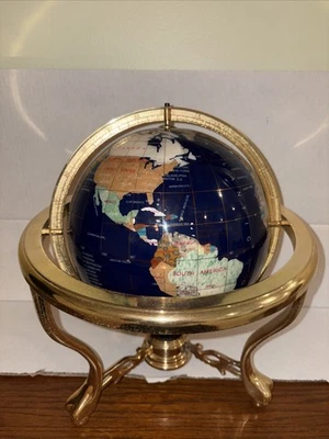 "Globo con incrustaciones de piedras preciosas semipreciosas de lapislázuli azul con soporte de latón y brújula 14""" Foto 1 de 4