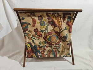 Vintage Foldable Sewing Yarn Knit Crochet Basket Caddy Tote Bag Wood Frame - Picture 1 of 18