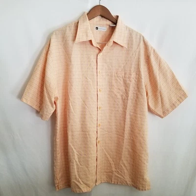 Bachrach Men’s XL Short Sleeve Button Up Shirt Peach Plaid Check Lightweight - Image 1 of 4