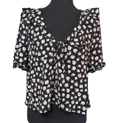 Blusa Topshop Cerradura Manga Corta Volantes Negra Blanca Floral Talla 2 Atada Boho Foto 1 de 4