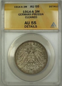 1914-A Germany-Prussia Silver 3M Three Marks Coin ANACS AU-55 Details Cleaned - Picture 1 of 2