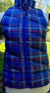 PATAGONIA Vest Girls M 10 Goose Down Puffer Plaid Full Zip Insulated Blue - Picture 1 of 12
