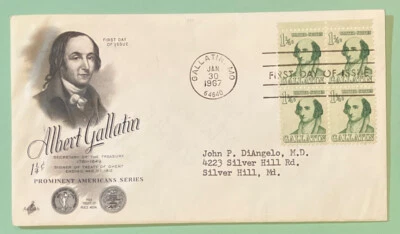 Sc 1279 1-1/4c Gallatin Block/4 FDC Art Craft Cachet w/Ayerst Labs Enclosure - Image 1 of 3