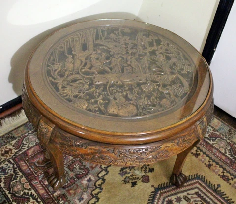 Highly Carved Vintage Asian Coffee Table Ornate Statement Piece Glass Top Unique Cover