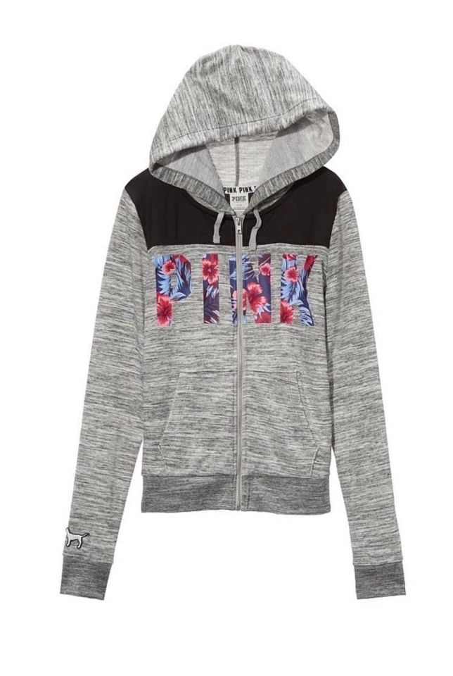 Victoria's Secret Pink Full Zip Hoodie Gray Marl Tropical Floral M