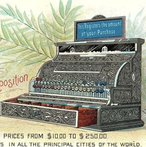 Tarjeta comercial de caja registradora nacional de 1893 Feria Mundial Columbian Dayton OH Factory - Imagen 1 de 3