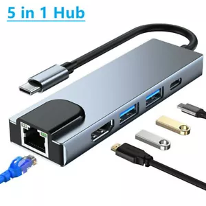 5 in 1 USB C Hub to RJ45 Ethernet Type-C Hub Adapter Charger for Macbook 4K HDMI - Picture 1 of 10