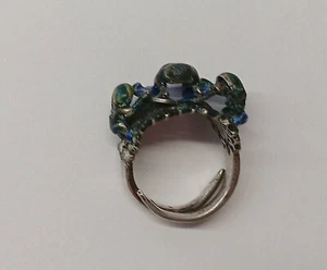 Chinese Old Silver Ring Blue & Green Enamel Adjustable, with 3 Frogs on top - Picture 1 of 8