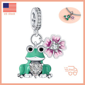 Real 925 Sterling Silver Charm for Bracelet Frog & Flower Dangle Charm