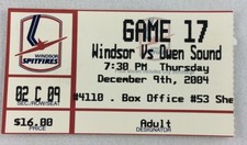OHL 2004 12/09 Owen Sound Platers at Windsor Spitfires Hockey Ticket