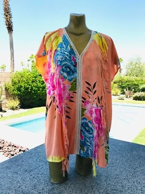 Z & L Europe NWT Fringed Floral Cover-Up Resort CAFTAN XS - Image 1 of 4
